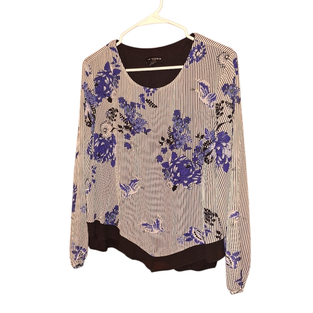IN Studio Lady PXL Long Sleeved Layered Blouse STripes & Flowers Career Cottage